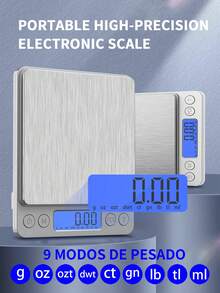 Báscula De Acero Inoxidable Para Cocina Multifuncional Electrónica De 3kg-0.1g, Alta Precisión De Peso De 0.01g,con pantalla LCD retroiluminada, tara, 9 unidades(g,oz,ozt,dwt,ct gn,lb,tl,ml), apagado automático, 2 bandejas, pilas incluidas, acero inoxidable,Para Cocinar Y Hornear Alimentos - Plateado - Ver 4