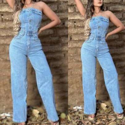 Enterizo straples mono palazzo acampanado botones delanteros  de mezclilla sexy moda juvenil chic