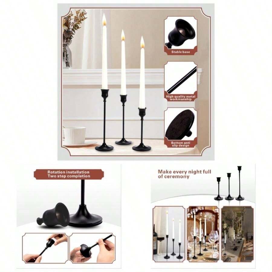 Candlestick Holders Set Of 3, Black Taper Candle Holders, Vintage Modern Decorative Centerpiece Table, Mantel, Wedding, Housewarming
