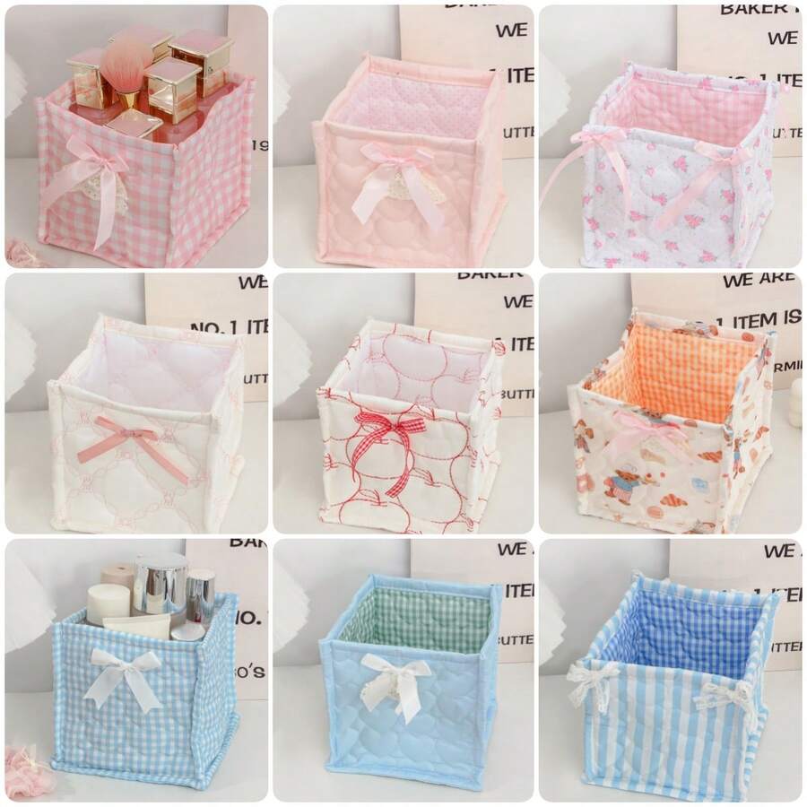 1 Cute Pink And Blue Three-Dimensional Bow Lace Storage Basket, Desktop Sundries Storage Basket, Lipstick Makeup Brush Skin Care Storage Basket, Desktop Decoration - 彩色 - 查看 1