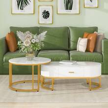 2-Piece Coffee Tables With Gold Metal Frame, Elegant Living Room Tables, Modern Nesting Tables - White - View 1