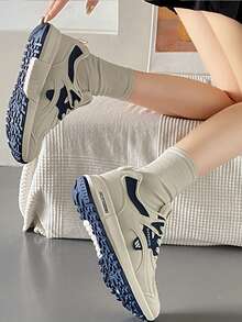 Zapatillas deportivas de mujer con cordones, puntera redondeada y bloques de color, calzado deportivo informal Zapatillas de tenis para mujer, suela plana antideslizante - Azul - Ver 3