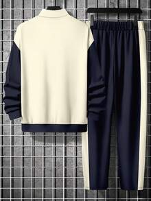 Men's Contrast Color Patchwork Letter Print Zip-Up Sweatshirt And Pants Set, Fall Clothes - Multicolor - View 2