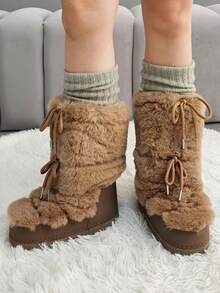 Faux Fur Snow Boots For Women Fuzzy Fluffy Furry Lace Up Mid Calf Boots Winter Warm Fur Boots For Christmas - 棕色 - 查看 7