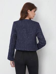 Áo khoác nữ TRAFZA thanh lịch, kiểu dáng thường ngày, chất liệu vải tweed, cổ tròn, tay dài, màu trơn, thích hợp cho mùa xuân. - Hải quân với sợi vàng - Xem 3