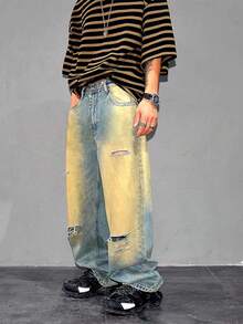 Jeans rectos de pierna suelta con efecto desgastado vintage, pantalones vaqueros desgarrados con degradado desteñido, estilo retro americano - Bronce - Ver 3