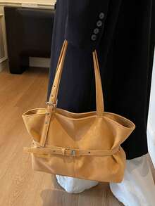 Women's Large Capacity One Shoulder Tote Bag, Strap Decor Retro Bucket Bag, Popular Vintage Solid Color Suede Matte, Suitable For Travel, Shopping, Commuting, Versatile