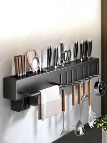 Estantería de almacenamiento de cocina, estantería de almacenamiento montada en la pared, sin necesidad de taladrar, equipada con ganchos, estantería de almacenamiento multifunciona, 1 pieza - Negro - Ver 2