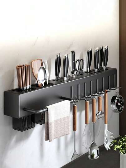 Estantería de almacenamiento de cocina, estantería de almacenamiento montada en la pared, sin necesidad de taladrar, equipada con ganchos, estantería de almacenamiento multifunciona, 1 pieza