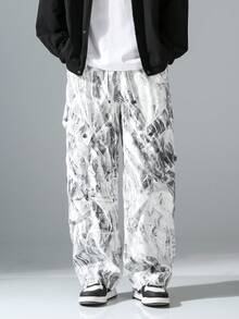 男士数码印花时尚百搭直筒阔腿工装裤、破洞裤、运动裤、伞兵裤、机车休闲裤、丝滑个性迷彩工装裤、秋季 - 黑與白 - 查看 5