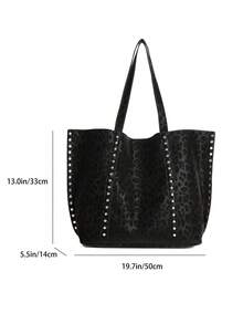 Geantă de umăr din piele PU cu imprimeu leopard pentru femei, nouă la modă, cu capacitate mare, decor cu nituri, stil vintage elegant, potrivită pentru întâlniri, cumpărături, naveta, versatilă - Negru - Vizualizare 2