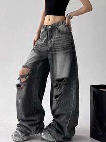 Jeans rectos con efecto desgastado para adolescentes, pantalones vaqueros de pierna ancha con ajuste holgado, estilo callejero americano