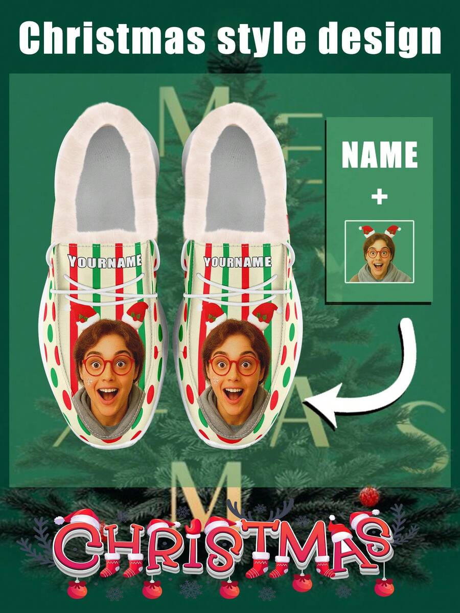 Christmas Custom Fur-Lined Loafers, Custom Personalized Photo & Name Design, Warm Soft Slip-On Winter Shoes For Men & Women, Perfect Gift For Christmas