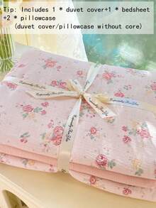 Bộ ga trải giường 4 món in hình hoa hồng Sakura màu hồng, kiểu dáng cung điện Pháp, bao gồm 1 vỏ chăn, 1 ga phủ, 2 vỏ gối, màu trơn, thích hợp sử dụng hàng ngày và cho ngày Valentine, 100% polyester, mềm mại (không bao gồm ruột chăn). - Màu Hồng Tươi - Xem 6