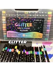 12/24/36/48pcs New Solid Color Glitter Markers, Children's Drawing Solid Color Brush Pens, Thick Soft Tip, Non-Fading Pearlescent Glitter Markers, Glitter Markers, Soft Tip Single Head Brushes, Drawing Glitter Markers, Watercolor Pens, Stationery Glitter Markers, Children's Drawing Single Head Brushes, Thick Soft Tip, Non-Fading Pearlescent Glitter Markers, Glitter Markers, Thick Pearlescent Glitter Pens, Highlighters For Children And Students