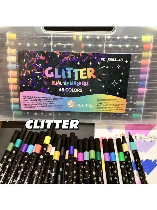 12/24/36/48pcs New Solid Color Glitter Markers, Children's Drawing Solid Color Brush Pens, Thick Soft Tip, Non-Fading Pearlescent Glitter Markers, Glitter Markers, Soft Tip Single Head Brushes, Drawing Glitter Markers, Watercolor Pens, Stationery Glitter Markers, Children's Drawing Single Head Brushes, Thick Soft Tip, Non-Fading Pearlescent Glitter Markers, Glitter Markers, Thick Pearlescent Glitter Pens, Highlighters For Children And Students