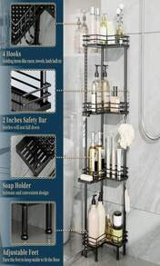 Consumest Corner Shower Caddy Standing - 3-Tier Stainless Steel Shower Organizer With Soap Holder And 4 Hooks, Large Capacity Corner Shelf Stand For Bathroom, Rest Room, Black - ColorA - 查看 3