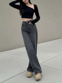 Women's High Waist Pocketed Wide Leg Loose Casual Versatile Jeans, Autumn - Dark Grey - View 5