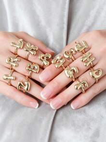 可爱泡泡26字母戒指，女士气球镀金锆石A-Z字母开口可调节戒指，优雅婚礼珠宝礼物 - 金色 - 查看 3