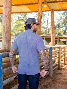 Ultra Jeans Cowboy Country Land Plaid Short Sleeve Shirt - Blue and White - View 5