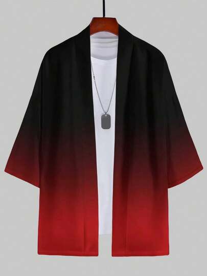 Men's Kimono Cardigan, Red Ombre Print Top, Clothing