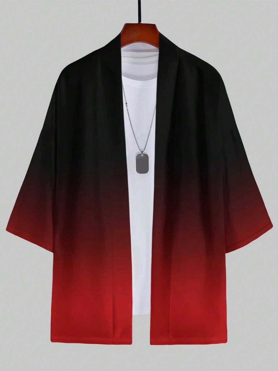 Men's Kimono Cardigan, Red Ombre Print Top, Clothing