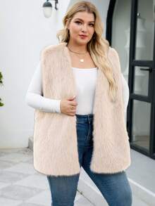 Plus Size Faux Fur Vest Regular Sleeveless V Neck Coat - Apricot - View 5