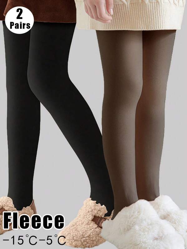 2PCS Thermal Tights Kids Girl Pantyhose Thicken Thermo Fleece Stockings Solid Winter Leggings Kids Fleece Lined High Waist Elasticity Pant Slim Thicken Tights