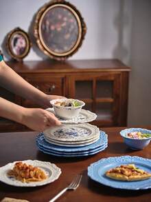 1 件原创蓝白浮雕纹理陶瓷餐具套装，创意厨房餐具，汤碗，面碗，独特设计盘子，牛排盘，沙拉盘，厨房用品，餐厅盘子 - 彩色 - 查看 8