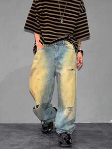 Jeans rectos de pierna suelta con efecto desgastado vintage, pantalones vaqueros desgarrados con degradado desteñido, estilo retro americano - Bronce - Ver 1