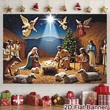 1 Peça Pano de Bottom com Tema Religioso de Natal: Cena da Natividade com o Menino Jesus, Anjos, Pastores, Caverna, Luz de Vela, Três Reis Magos, Padrão de Céu Estrelado, Adequado para Festa de Natal, Decoração de Bottom para Reunião Familiar, Cenário Fotográfico, Adereço de Vinil