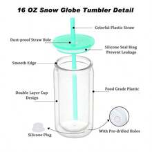 1个16盎司雪球造型水杯套装，包含雪球造型透明双层塑料杯、彩色杯盖和吸管 - 非常适合DIY、办公、阅读、露营、咖啡杯、圣诞装饰、女士礼物、圣诞马克杯、旅行杯、水瓶 - 彩色 - 查看 7