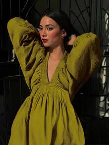 New Spring/Summer Elegant Fashion Sexy Deep V-Neck Puff Sleeve Casual Mini Dress For Women, Vacation Boho & Western & Tropical & Sun Dress