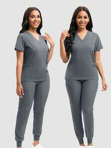 Women's Scrub Set, Casual Nurse Uniform Set, Breathable Quick-Dry Top And Pants - Grey - View 2