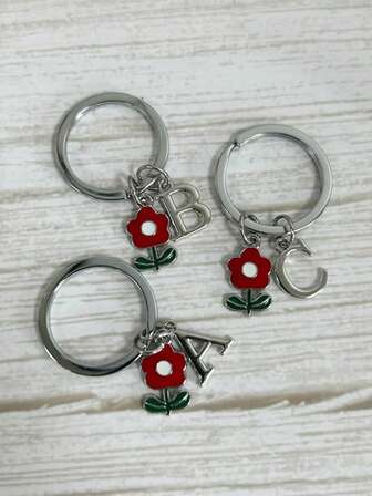 1pc Customized Floral Initial Keychain - Personalized Letter Keychain, Cute Red Flower Charm, Gift For Her, Minimalist Bag Accessory, Christmas Gift
