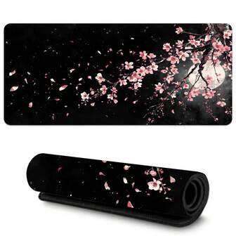 1pc Extra Large Durable Mouse Pad, Pink Sakura & Full Moon Pattern - Precision Stitched Edges, Non-Slip Rubber Base, Washable - Suitable For Computer, Office And Dorm Decor - Ideal Gift For Gamers, Office Workers And Students