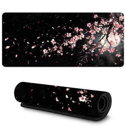 1pc Extra Large Durable Mouse Pad With Pink Cherry Blossoms And Full Moon Design - Precision Stitched Edges, Non-Slip Rubber Base, Washable - Perfect For PC, Office, And Dorm Decor - Ideal Gift For Gamers, Office Workers, And Students