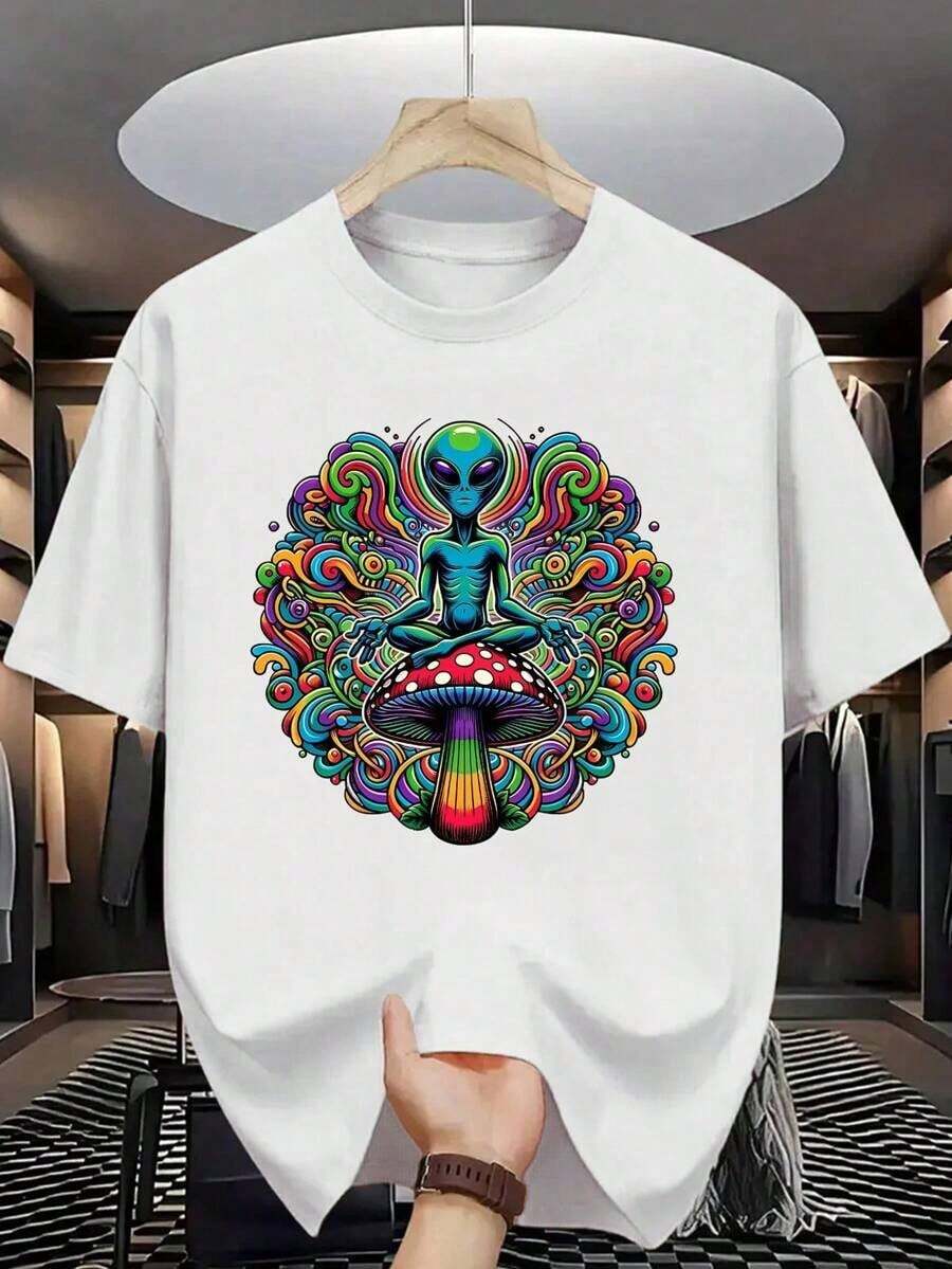 Camiseta Masculina Algodão Adulto Plus Size Infantil Color Cogumelo Et Alucinação Streetwear Over Moda Premium - Branco - Visão 1