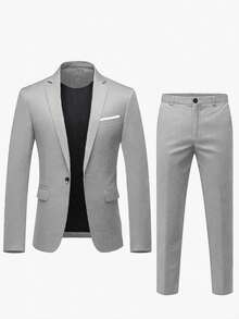 男士休闲西装套装，包括夹克和裤子，适合春秋季节 - 灰色 - 查看 4