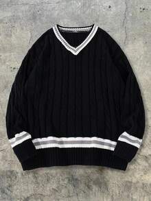 ANDREILEE 复古宽松休闲街头风男女通用V领插肩袖针织衫，纹理条纹拼接设计，适合春、秋、冬三季穿着。 - 黑色 - 查看 2