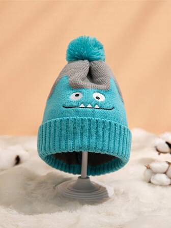 Gorro de bebé de punto con diseño de dibujos animados con expresión divertida, gorro de punto unisex para niños y niñas de otoño e invierno (0-3 años), gorro de punto con pompón