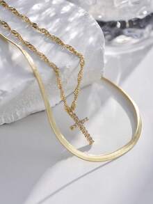 Tkool 2pcs/Set Stainless Steel Flat Blade Chain & Cross Pendant Necklace Set, Suitable For Women's Daily Wear - Yellow Gold - View 3