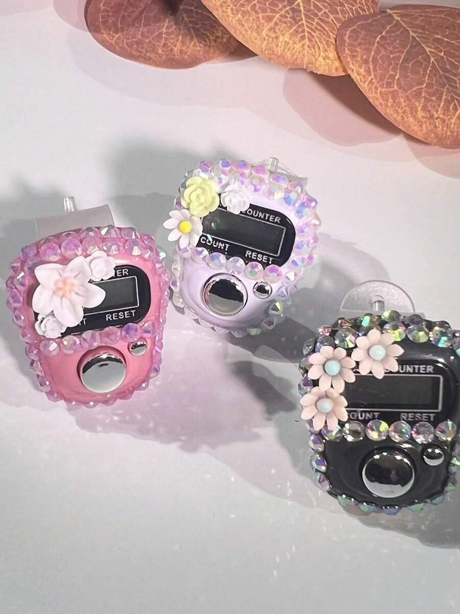 Handmade DIY Rhinestone Rosary Counter Watch, Lightweight & Portable, Cute Floral Decor Electronic Display Mantra Counter, Birthday/Ramadan/Valentine's Day Small Gift, Suitable For Religious Chanting Count During Ramadan, Daily Religious Practice, Ramadan Gift, Portable For Carrying