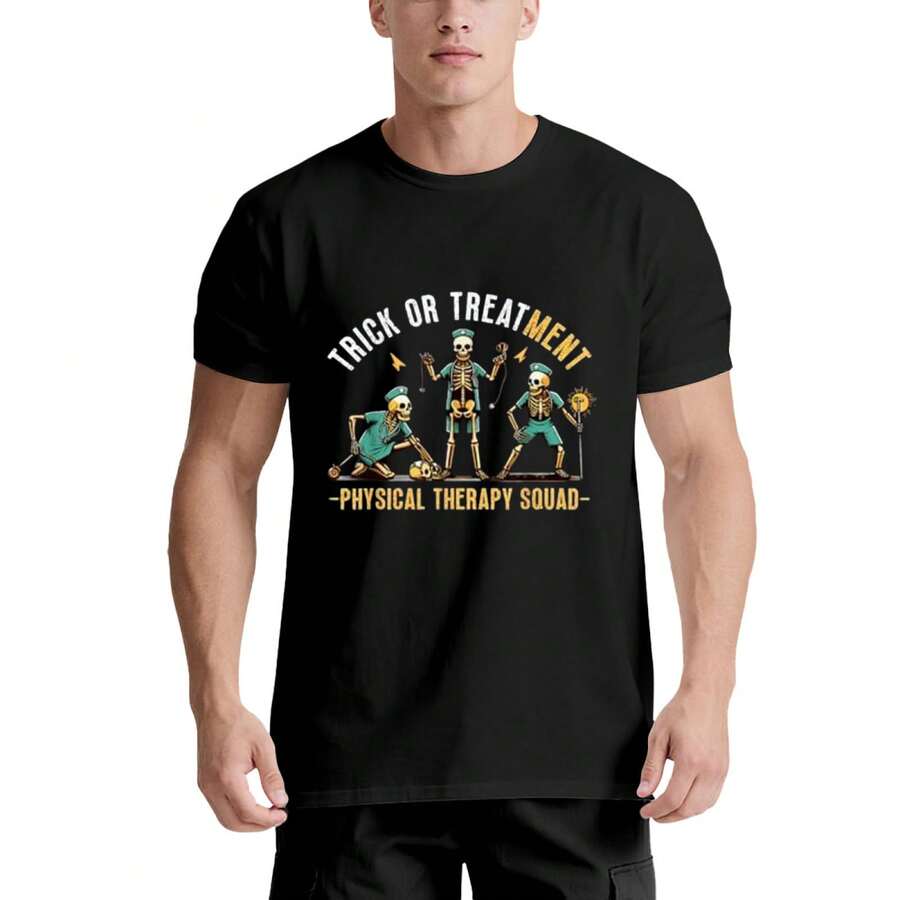Camiseta Unisex de Halloween Trick Or Treatment del Equipo de Fisioterapia - 220g% Algodón, Blanco y Negro, Manga Corta, Cuello Redondo, Ropa de Halloween, Regalo para Hombres, Mujeres, Papá, Mamá y Amigos, Tallas S- - Negro - Ver 1