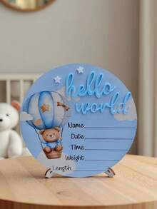 1pc "Hello World" Birth Announcement Board, Baby Photo Prop Wooden Plaque, Baby Milestone Marker, Christening Gift (Boy/Girl) - Blue - View 12
