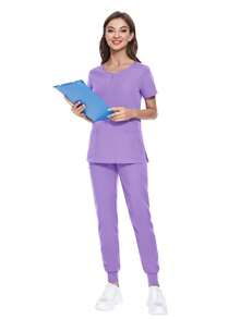 Pijama Uniforme Antifluidos Mujer Y Conjunto top de manga corta con pantalones, Enfermeras uniformes de verano de manga corta separa traje de enfermería uniformes de enfermería traje de lavado a mano ropa elástica de secado rápido top de manga corta con pantalones - Púrpura malva - Ver 5