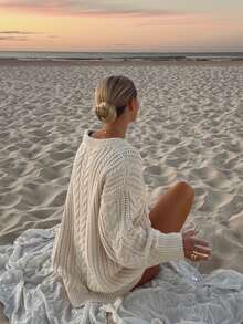 2025 Autumn And Winter Fashion Casual Holiday Beach Women's Long-Sleeved Cable Knit Sweater, Round Neck Loose Fit Back-To-School Fall Women's Knitwear,Christmas New Year - Rice - View 4