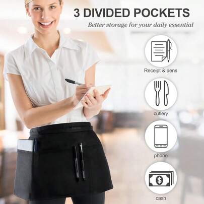 3 Pack Server Aprons With 3 Pockets, Oil & Waterproof Waitress Waiter Short Half Waist Apron