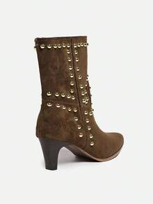 Fall/Winter 2025 New Women's Brown Suede Rivet Decor Pointed Toe Chunky Heel Short Booties,Western Boots,Kitten Heels - Brown - View 5
