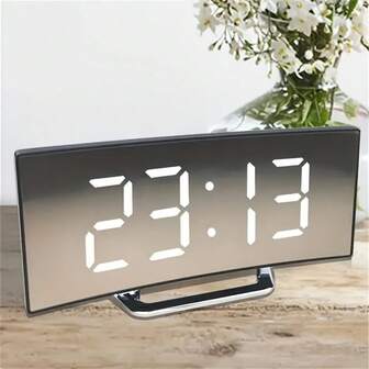 Modern Curved Digital Clock, Mirror Alarm Clock.Dual Power Options (Battery Or USB), Large Screen, Fashionable Black Home Decoration Design, Office Digital Clock | Minimalist Alarm Clock |Fashion Watch, Living Room Wall Clock.You Need To Bring Your Own 3 AAA Batteries.